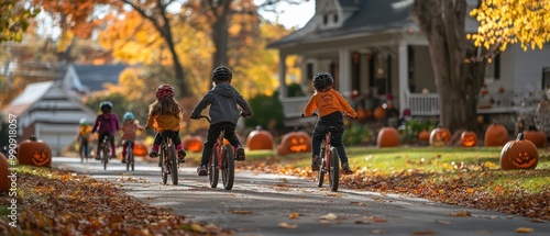 Children ride bicycles along a picturesque street adorned with autumn leaves and Halloween pumpkins, capturing the essence of fall fun. photo