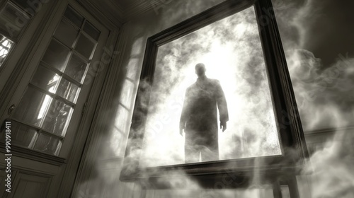 Eerie Ghostly Reflection in Ancient Mirror with Cold Mist - Spooky Supernatural Scene in Old Room