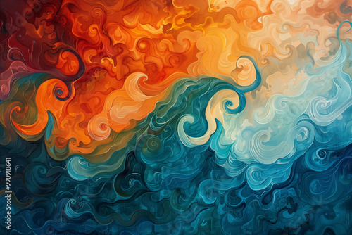 Dynamic Swirls of Heat and Cool: A Vivid Abstract Representation of Fiery Oranges and Serene Blues Intermingling in an Endless Dance of Color and Texture, Captivating the Viewer with Its Hypnotic