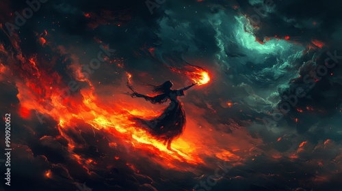 Wallpaper Mural Fiery Witchcraft - Enchanting Sorceress Casting Red Fireball with Swirling Clouds in Dark Night Sky Torontodigital.ca
