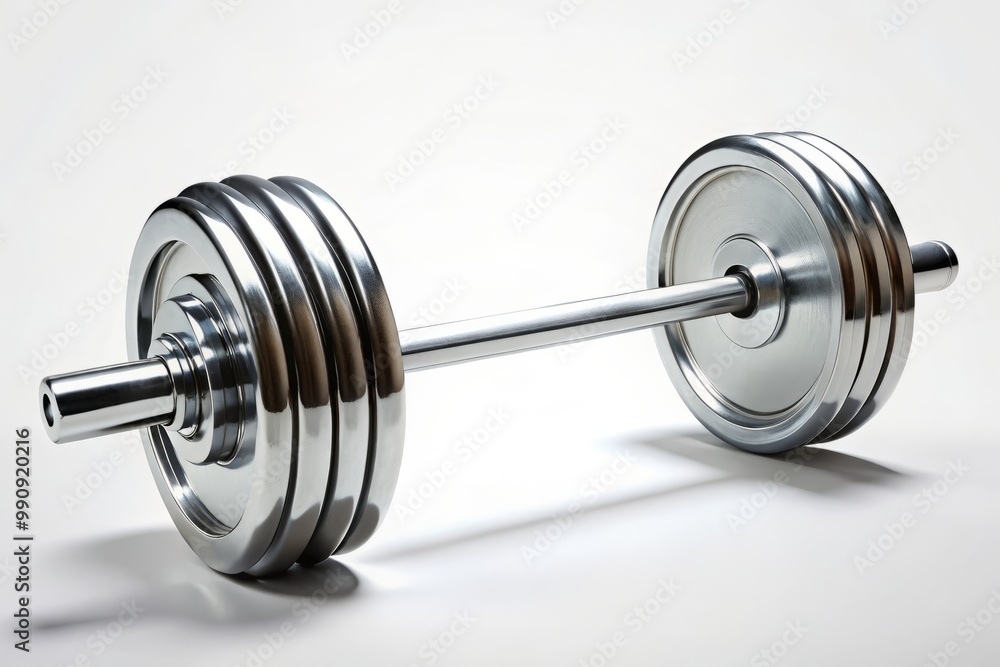 A sturdy weightlifting bar is isolated on a plain background, its silver weights attached with precision, awaiting the