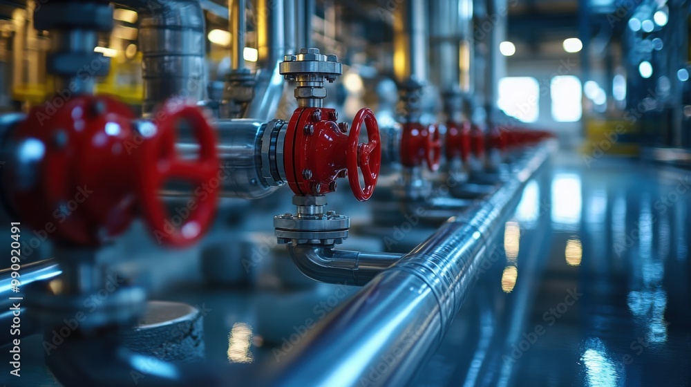 Fototapeta premium A modern network of clean and polished pipelines with red valves in an industrial setting