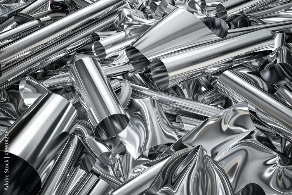 Fototapeta premium Shiny metallic tubes and sheets are piled up forming an abstract industrial background