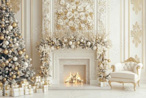 Elegant Christmas Interior With Fireplace, Tree, And Gifts In White And Gold Colors. Mockup.