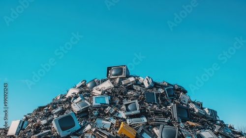 A large hill of discarded electronic waste including older televisions against a clear blue sky. photo