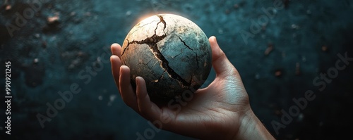 A human hand delicately holds a cracked globe, symbolizing fragility and the need for environmental protection.