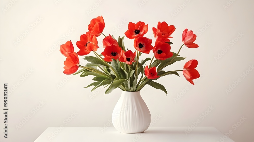 Fototapeta premium Vibrant Red Flowers Artfully Arranged in a White Vase Placed on a Pristine White Table Creating a Striking and Cheerful Visual Contrast