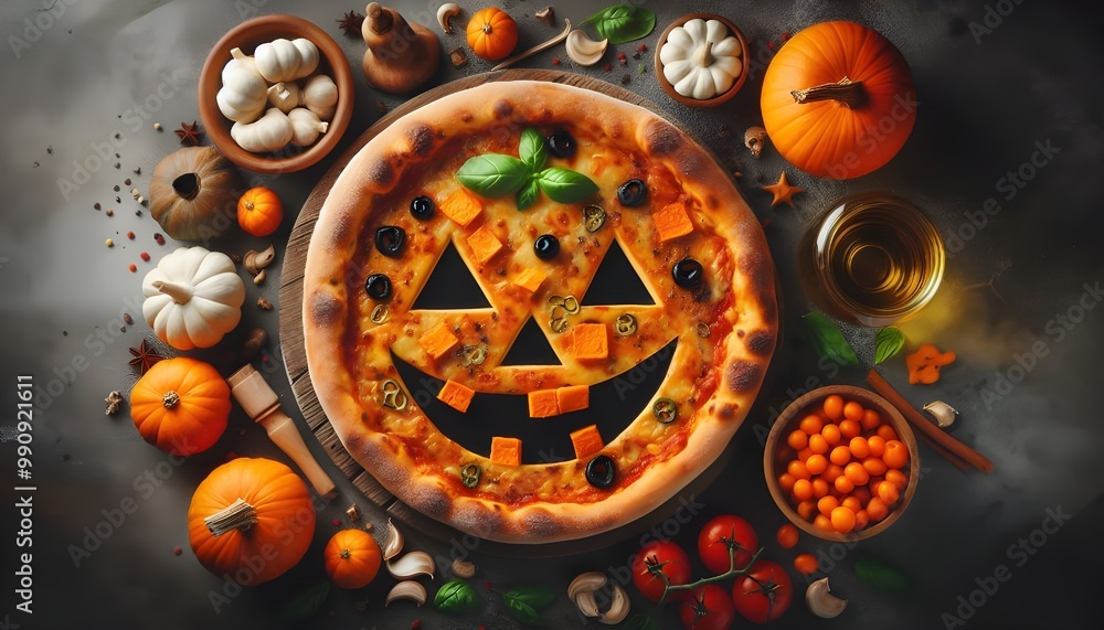 Halloween pizza with a spooky pumpkin smiling face. Overhead view Halloween pizza with a spooky pumpkin smiling face. Overhead view