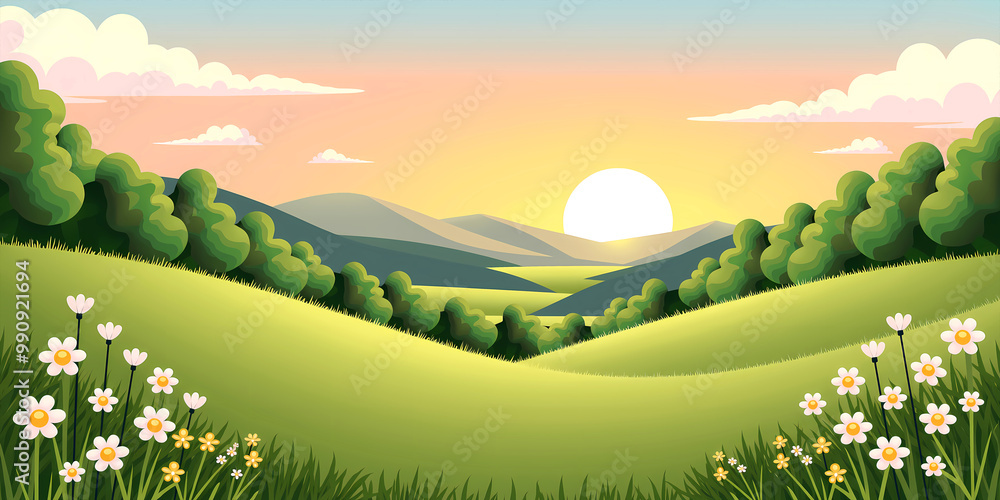 Naklejka premium Serene sunset over the rolling green hills
