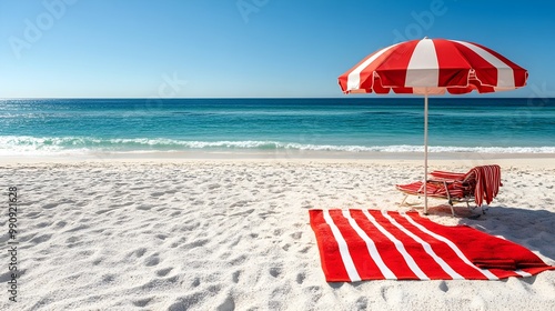 Vibrant red and white striped umbrella creating a shaded haven on a sunny beach surrounded by plush red beach towels laid out on the pristine white sand
