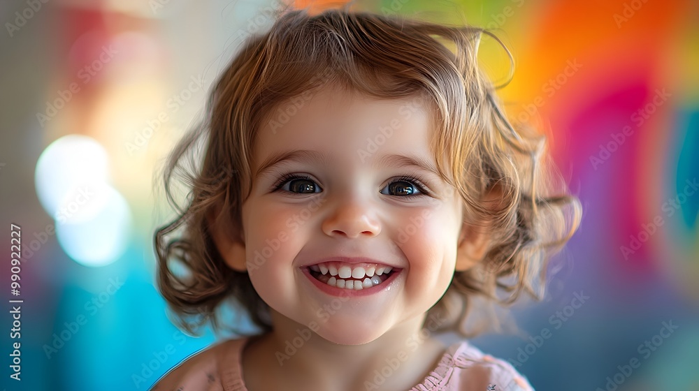 Cheerful and playful three year old child with a radiant smile tiny teeth showing and a joyful expression set against a blurred and vibrant colorful backdrop Cheerful and playful three year old child with a radiant smile tiny teeth showing and a joyful expression set against a blurred and vibrant colorful backdrop