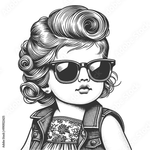 Girl baby in sunglasses, vintage hairstyle and accessories in a playful black and white design sketch engraving generative ai vector illustration. Scratch board imitation. Black and white image.