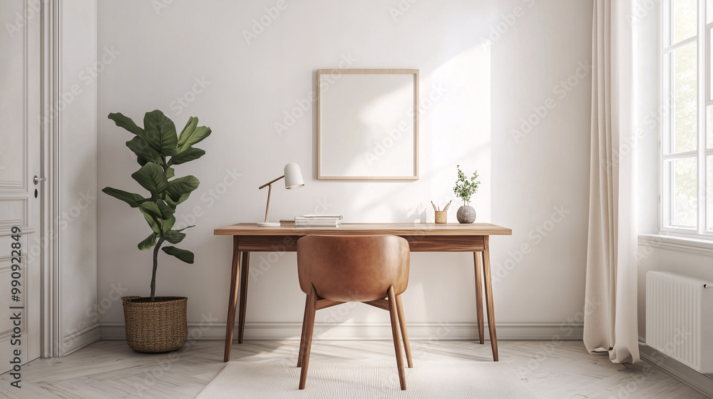 Fototapeta premium Scandinavian-inspired minimalist home office with a wooden desk, white walls, simple accessories, and a comfortable chair