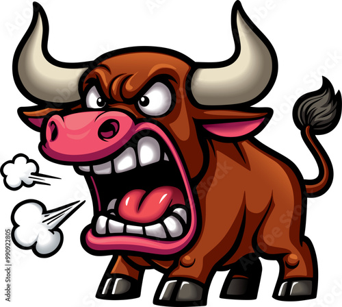 angry funny cartoon bull, vector drawing