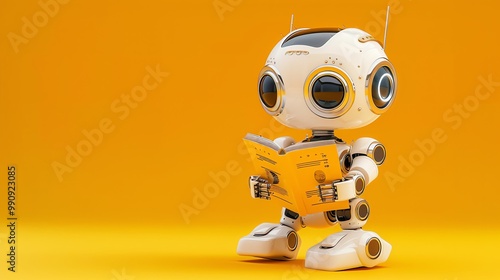 A white robot reading a book on a yellow background.