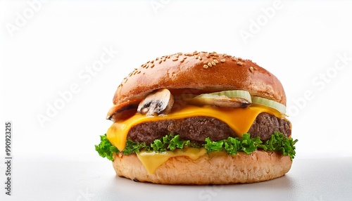 hamburger with cutlet, beef and mushrooms and melted cheddar chees