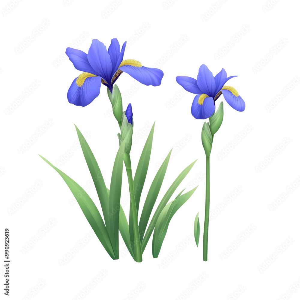 Blue Iris Flowers with Yellow Center and Green Leaves Blue Iris Flowers with Yellow Center and Green Leaves