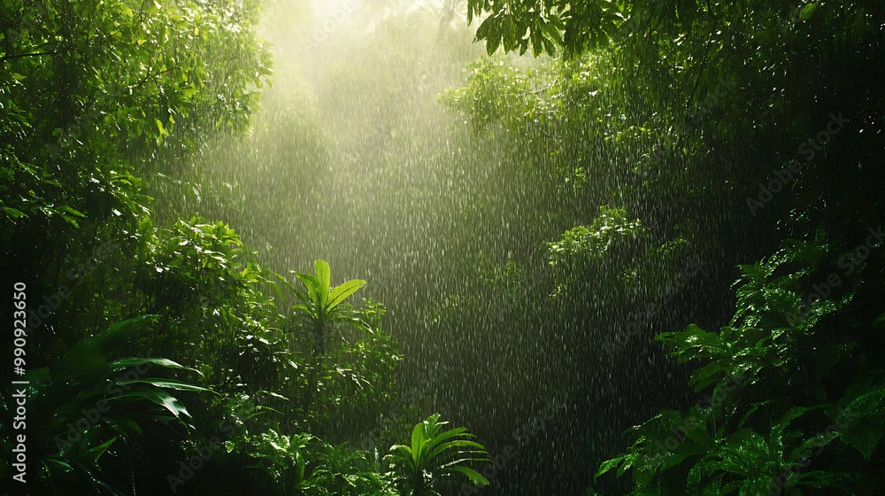 Fototapeta premium Lush green landscape with rain gently falling on a forest or garden, emphasizing the freshness of nature