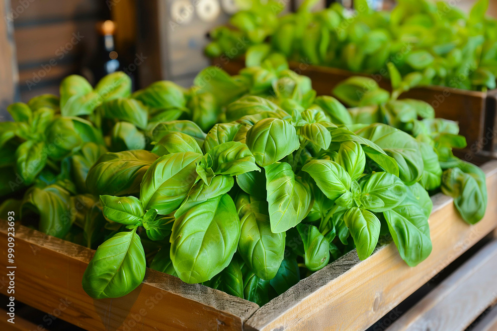Fresh basil growing in crate Fresh basil growing in crate