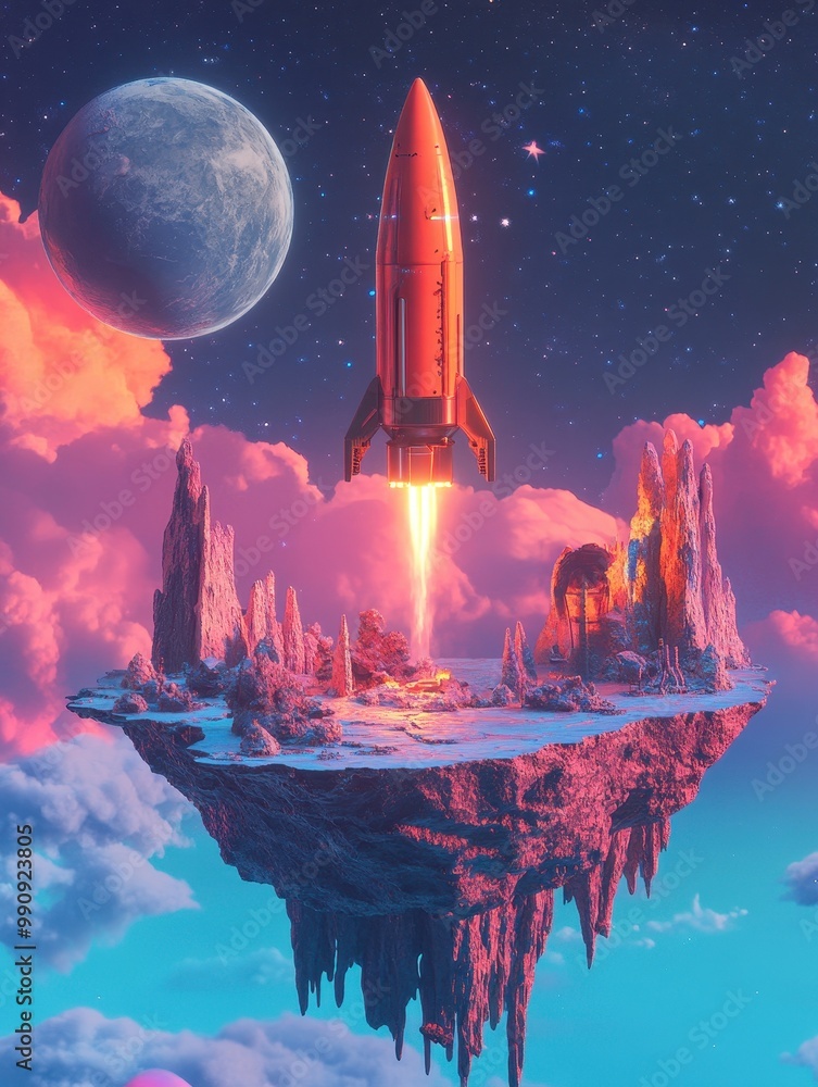 Fototapeta premium A rocket launching into space from a floating island surrounded by vibrant clouds and a distant planet.