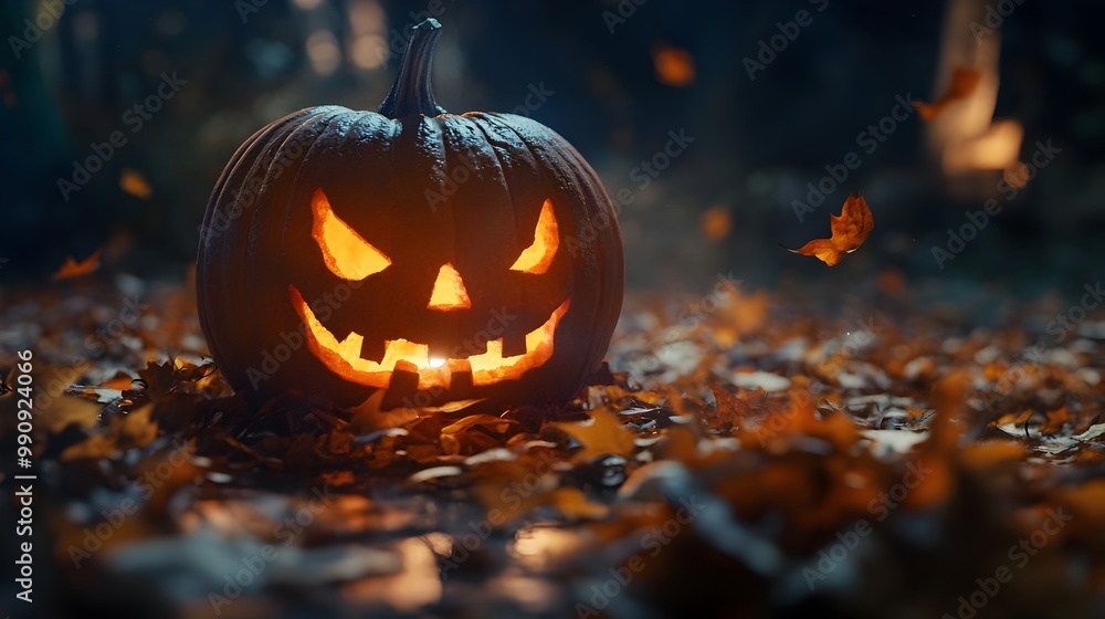 Haunting Halloween night scene featuring a carved pumpkin with a flickering candle within surrounded by autumn leaves and eerie shadows creating a spooky atmospheric mood Haunting Halloween night scene featuring a carved pumpkin with a flickering candle within surrounded by autumn leaves and eerie shadows creating a spooky atmospheric mood