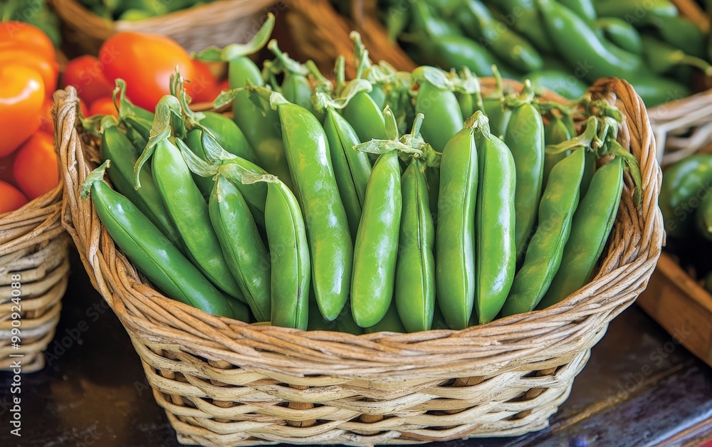 A basket filled with pea pods, their bright green color making a fresh display A basket filled with pea pods, their bright green color making a fresh display