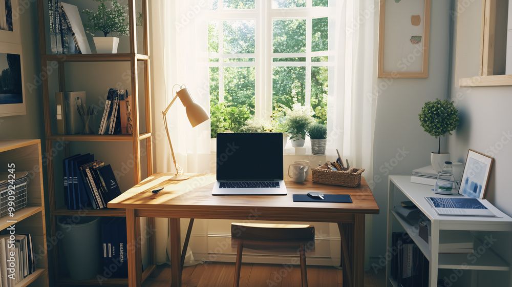 Simple home office design with a wooden desk, minimalist shelving, and a laptop, with natural light streaming in through a window Simple home office design with a wooden desk, minimalist shelving, and a laptop, with natural light streaming in through a window