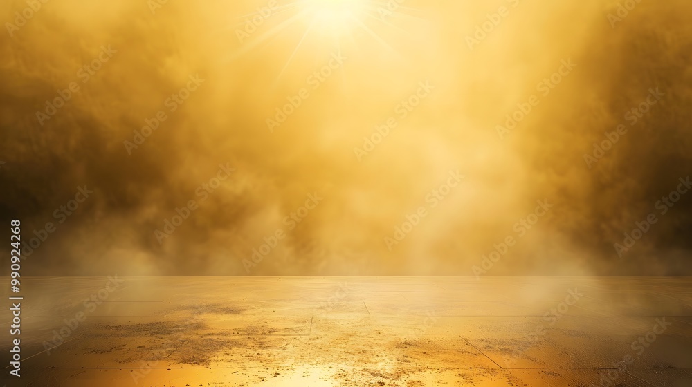 Gold background with a spotlight, fog in the center of the frame, and an empty floor. Gold background with a spotlight, fog in the center of the frame, and an empty floor.