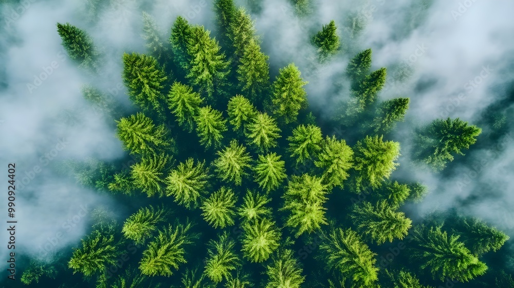 Aerial view of lush green pine trees shrouded in mist, serene forest atmosphere. Aerial view of lush green pine trees shrouded in mist, serene forest atmosphere.