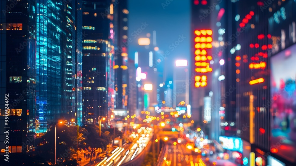 Fototapeta premium Mesmerizing photograph showcasing the captivating night cityscape with a dazzling display of bokeh lights emanating from the street lamps and buildings