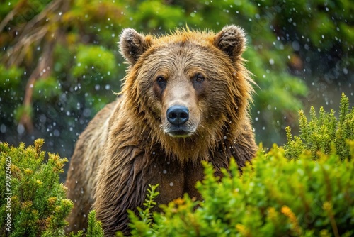 Rain-slicked fur matted and tangled, the grizzly lurches forward, its bulk undulating through the wet underbrush like a photo