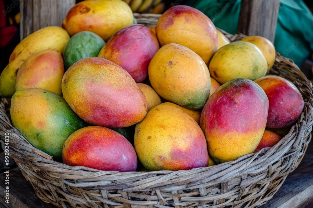 A basket of fresh mangoes, their rich colors and shapes creating a tropical display A basket of fresh mangoes, their rich colors and shapes creating a tropical display
