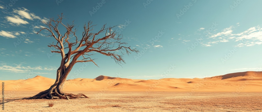 A solitary dead tree stands against a vast desert landscape under a clear blue sky. A solitary dead tree stands against a vast desert landscape under a clear blue sky.