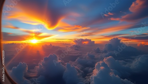 Breathtaking sunset and fluffy clouds captured from an airplane window