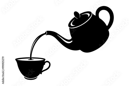 Vintage Teapot Pouring into a Cup Silhouette, Tea Pot and Cup Vector, Classic Tea Silhouette Design photo