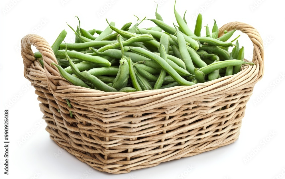 A basket of green beans, their crisp texture highlighted by the clean white background A basket of green beans, their crisp texture highlighted by the clean white background