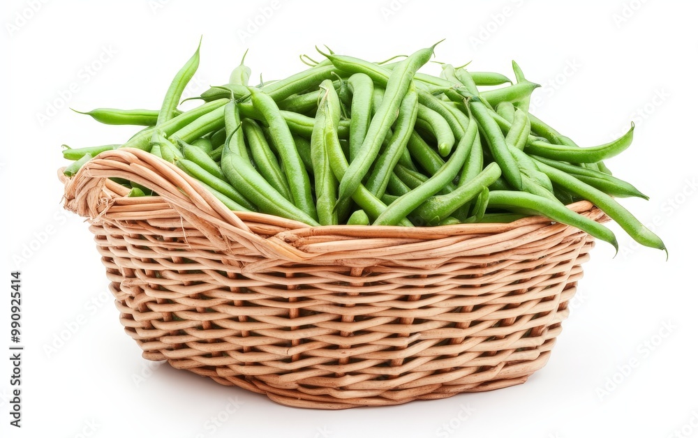 A basket of green beans, their crisp texture highlighted by the clean white background A basket of green beans, their crisp texture highlighted by the clean white background