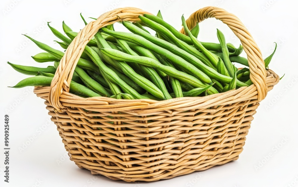 A basket of green beans, their crisp texture highlighted by the clean white background A basket of green beans, their crisp texture highlighted by the clean white background