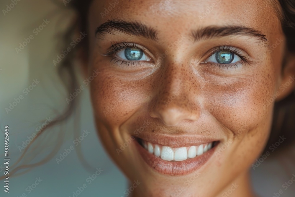 Closeup of a woman's beaming smile and vibrant blue eyes, exuding warmth and joy Closeup of a woman's beaming smile and vibrant blue eyes, exuding warmth and joy