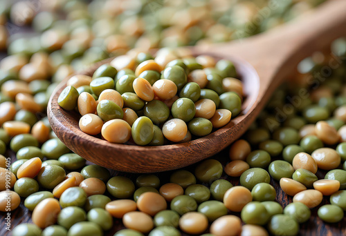 Green and Yellow Peas in Wooden Spoon photo