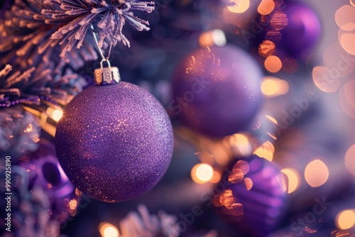 Purple christmas ornaments with twinkling lights