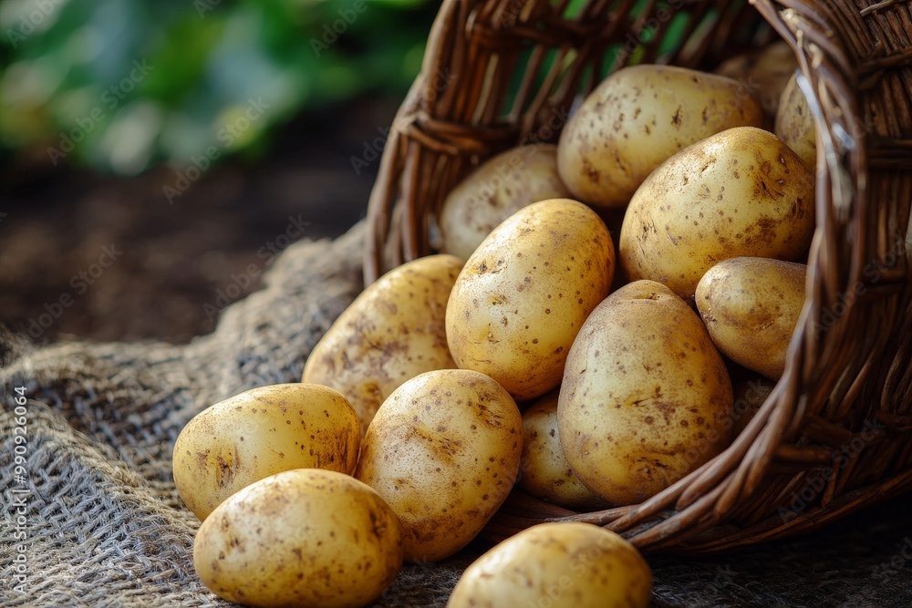 A basket of potatoes spilling onto a clean surface, ready for cooking A basket of potatoes spilling onto a clean surface, ready for cooking
