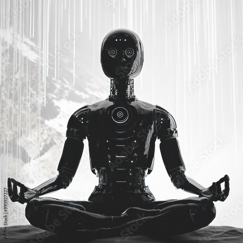 Robot meditating amidst digital rain and cosmic backdrop. photo