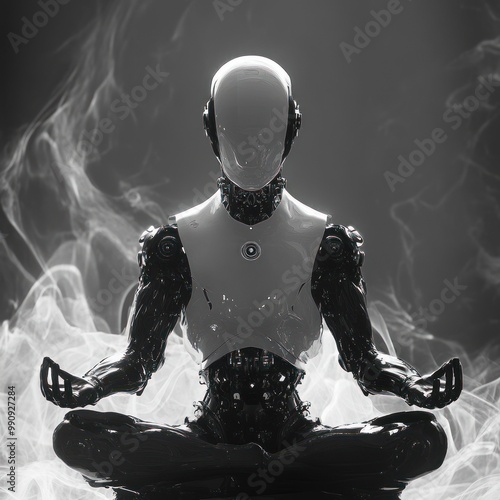 Futuristic robot calmly meditating amidst floating mist. photo