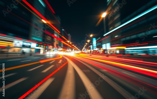 A long-exposure shot of city lights at night, with bright streaks of red, yellow, and white creating abstract patterns across the image.