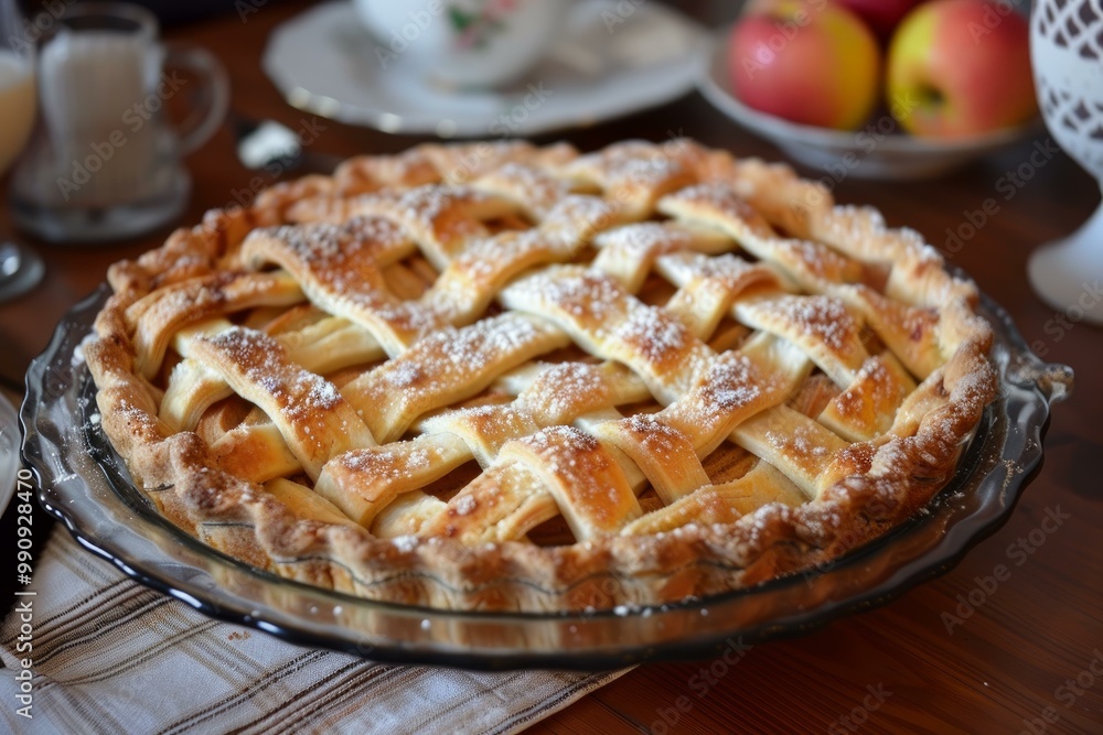 Delicious homemade apple pie cooling on table surrounded by autumn flavors Delicious homemade apple pie cooling on table surrounded by autumn flavors
