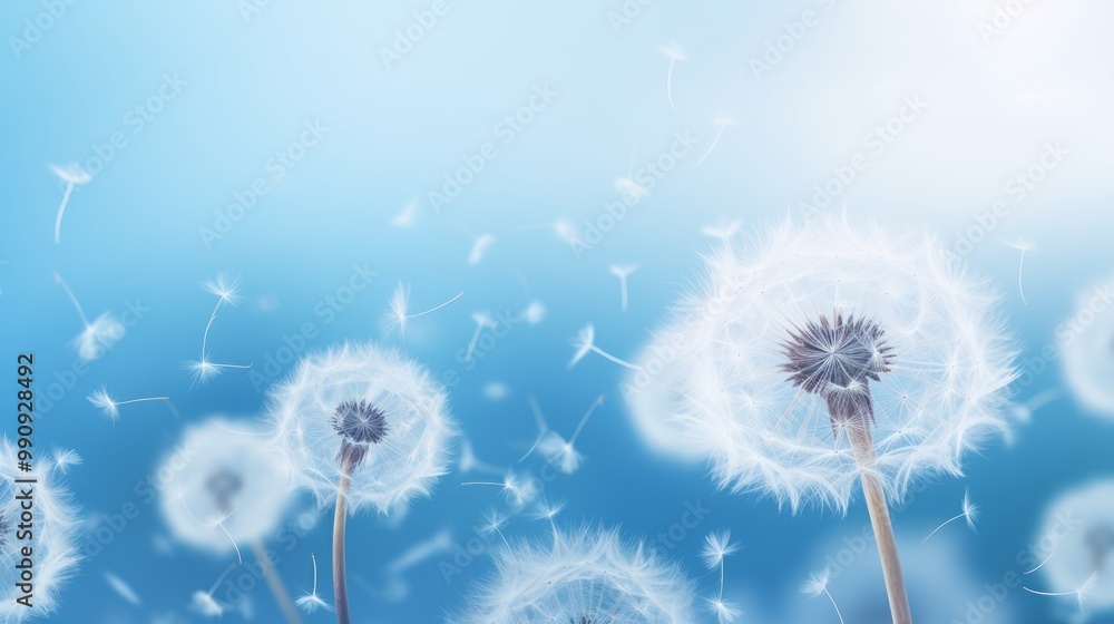 Fototapeta premium Elegant light blue dandelion fluff wallpaper featuring delicate and fragile nature elements, perfect for aesthetic minimalism style backgrounds, adding a touch of serenity and beauty to any space.