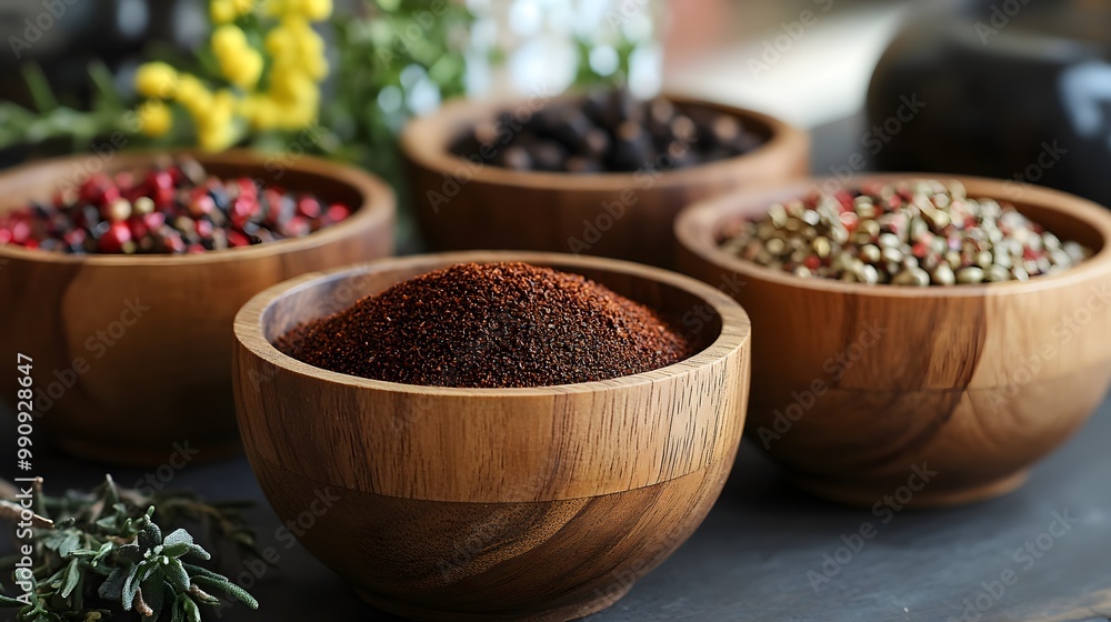 Fototapeta premium A Wooden Bowl Filled with Ground Spices