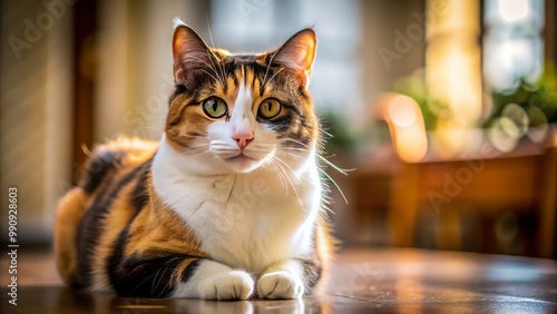 In a serene indoor setting, a stunning Calico cat with vibrant tortoiseshell fur assumes a poised stance, exuding photo