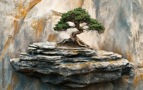 A bonsai tree growing on a rock formation, its roots intertwining with the stone